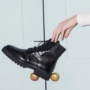 Freda Salvador Black Croc-Embossed Combat Boots
